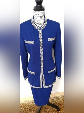 St. John Royal Blue Knit skirt suit with Gold Trim Detail 8 jacket/10 skirt